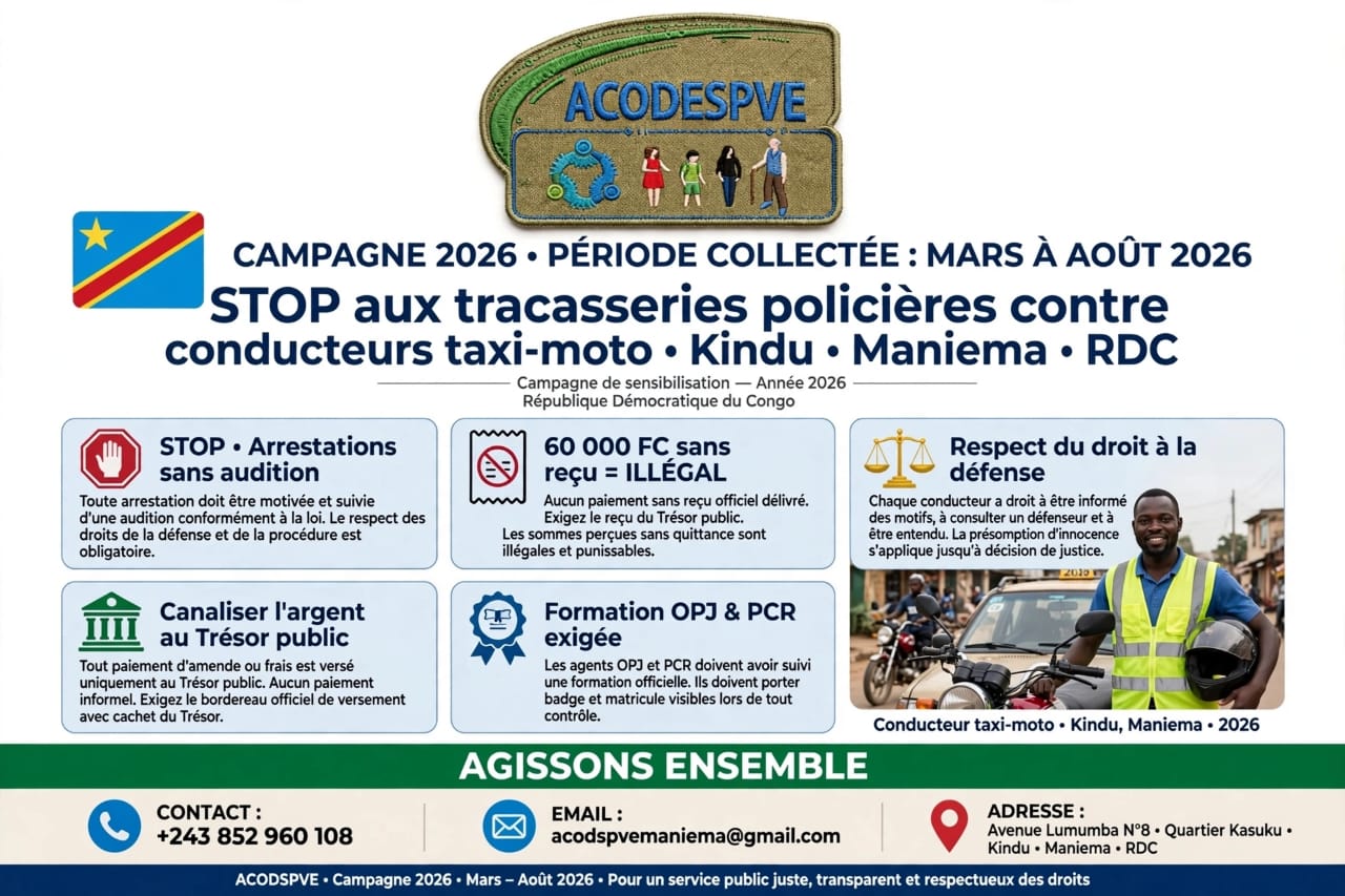 Kindu : une organisation dénonce les tracasseries contre les taxi-motos